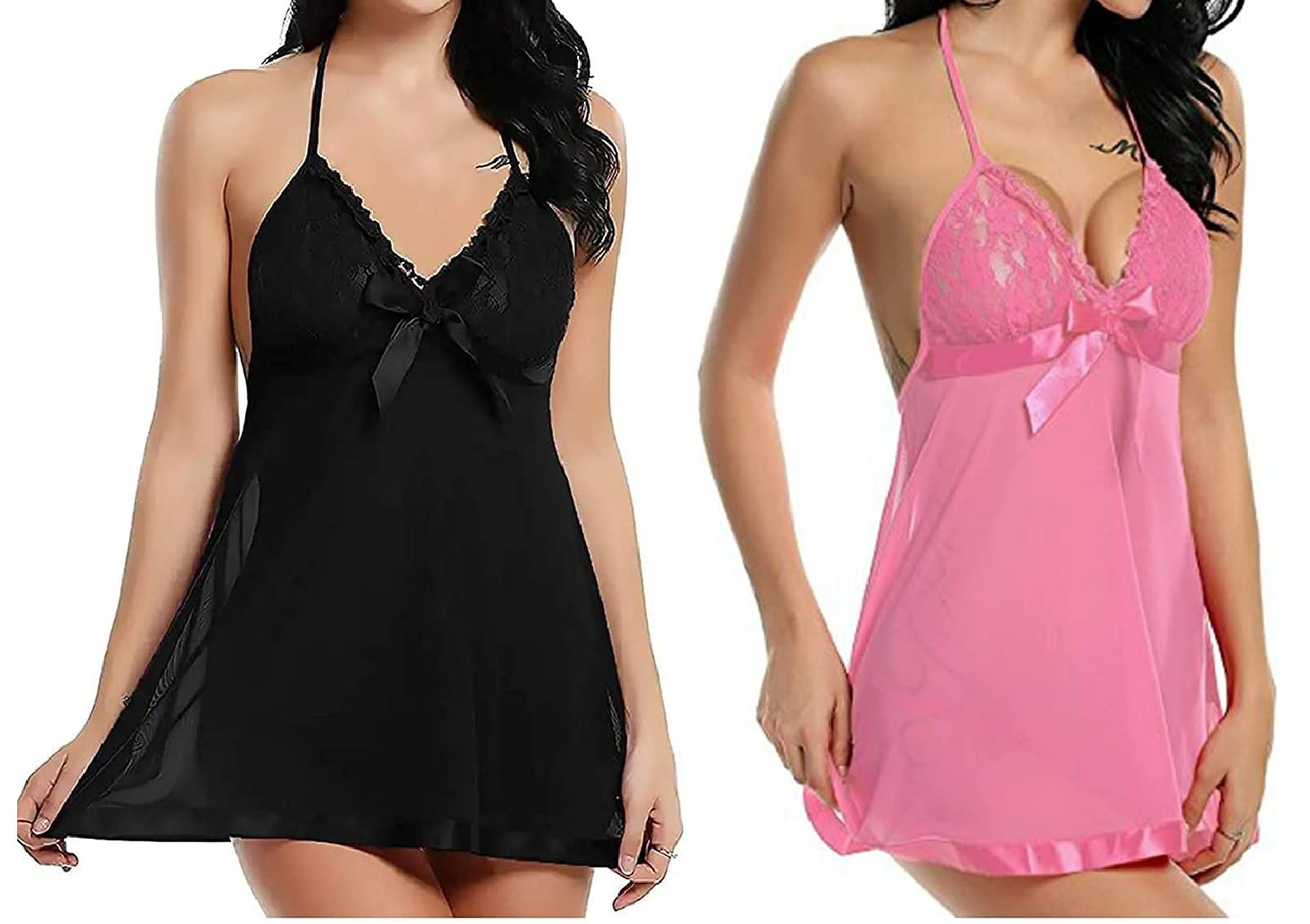 BBP-009 Baby Doll Nightwear Robe/Kimono Lingerie/Negligee/Sleep Dress & Bra Panty Hot Sexy for Honeymoon/First Night/Anniversary for Women/Ladies/Girls (Free Size) Black Pink-image-17