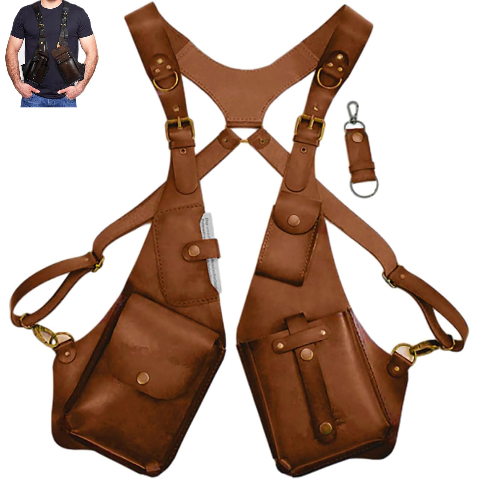 ThiCc Men's PU Leather Anti-Theft Harness Wallet - Steampunk Retro Underarm Shoulder Bag Holster Cosplay Halloween Accessory Outdoor Travel Safety Concealed Pack Adjustable Strap (Brown)