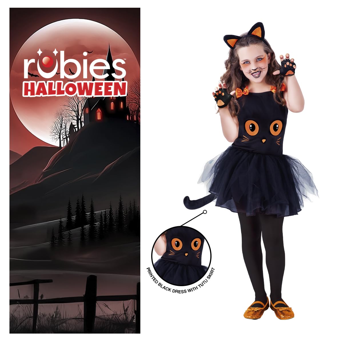 Rubies Costume tutù da gatto nero per bambina, top con stampa di gatto nero, fascia per capelli, tutù con coda e calze, Originale di Rubies, Adatto per compleanni