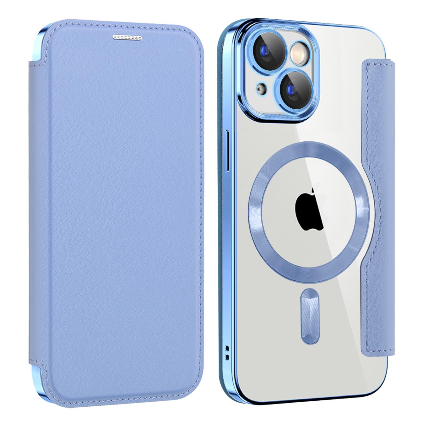 Cover Magnetica per iPhone 15 [Compatibile con MagSafe] Pelle PU Flip Portafoglio con Scomparto per Carte blocco RFID Trasparente Custodia per iPhone 15, Blu Dar Peaks JD