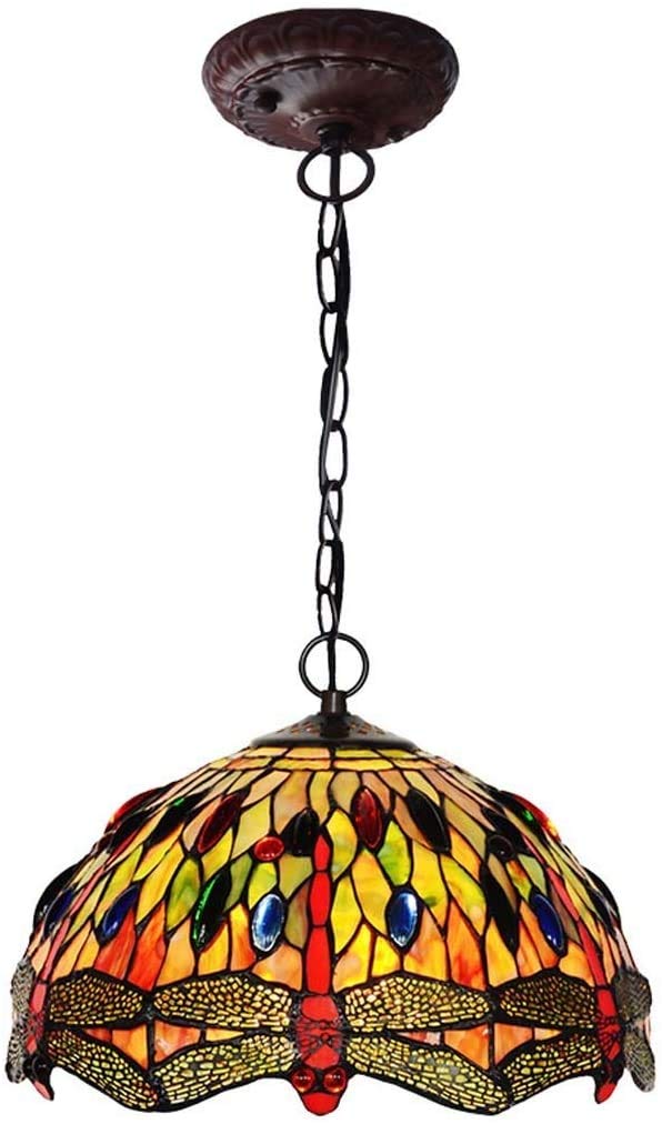 HPTHLY Chandeliers, Tiffany Style Stained Glass Dragonfly Hanging Lamp With Handmade Lampshade, Suitable For Decorating Room