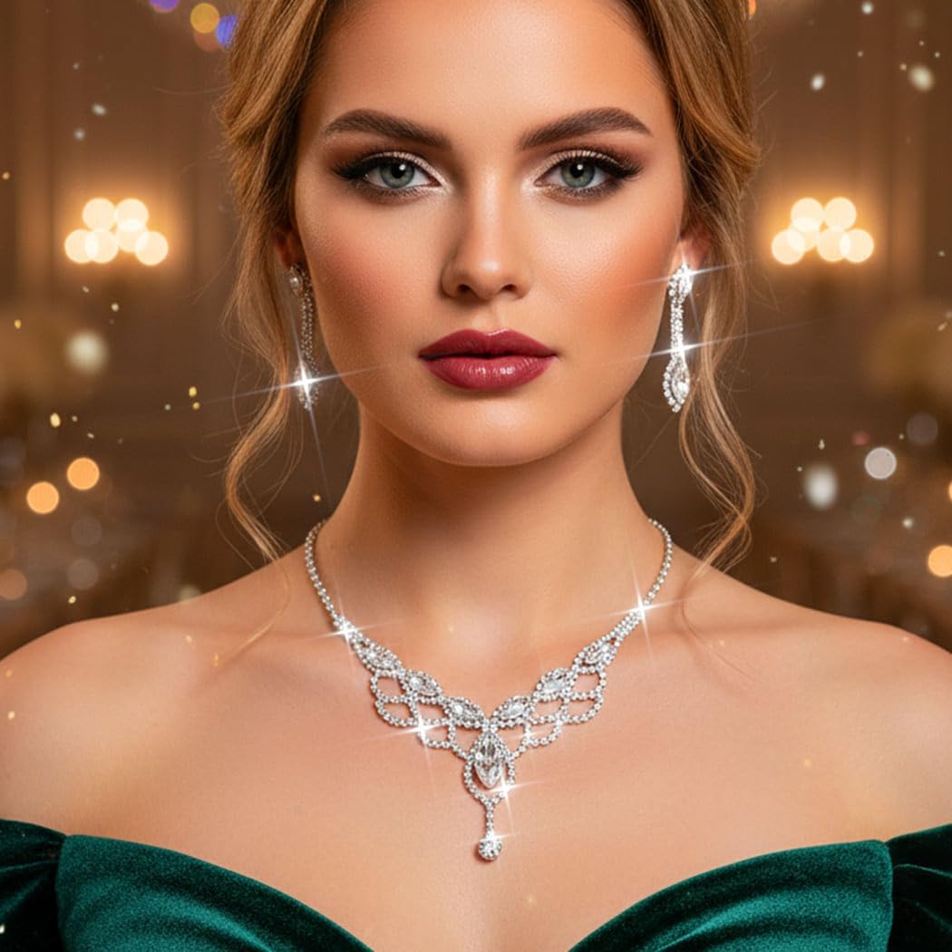 Aukmla Bridal Wedding Jewelry Set Rhinestones Necklaces Earrings Crystal Prom Jewelry for Women and Brides - Image 6