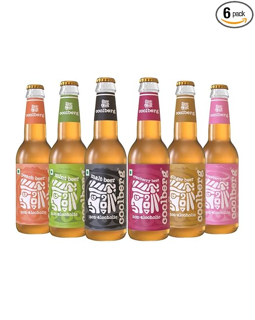 Coolberg Non Alcoholic Beer Assorted Flavors 330ml Glass Bottle - Pack of 6 (330ml x 6) Peach, Mint, Malt, Cranberry, Ginger & Strawberry