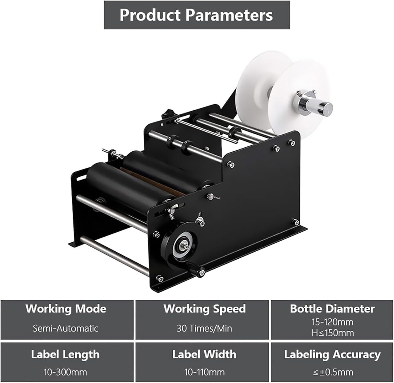 Etichettatrice semiautomatica per bottiglie rotonde, 30 volte/min, applicatore di etichette regolabile per bottiglie da 15-120 mm