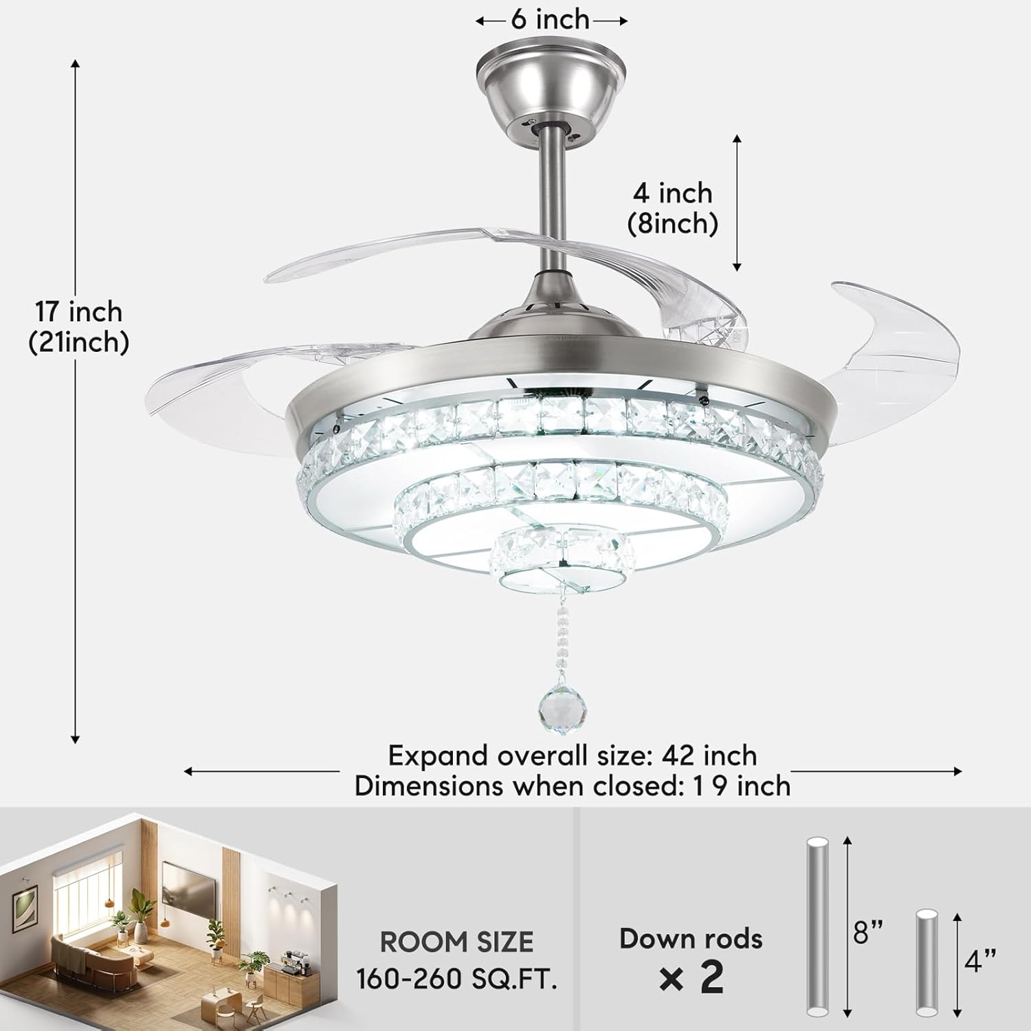 Crystal Ceiling Fan with Light and Remote,Chandelier Fan with 4 Retractable Blades,3 Light Change LED Indoor Ceiling Fans for Bedroom Living Room 36W 42 inch (Sliver)