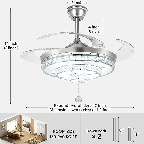 Miniatura 2 de Ventilador de techo de cristal con luz y control remoto, ventilador de araña con 4 cuchillas retráctiles, 3 ventiladores de techo LED de cambio de