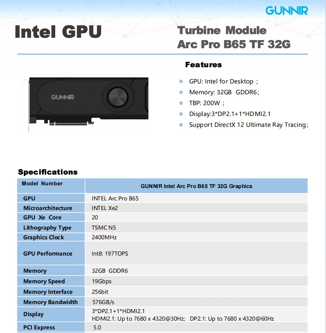 GUNNIR Intel Arc Pro TF B65 Creator 32GB AI Workstation Scheda Grafica