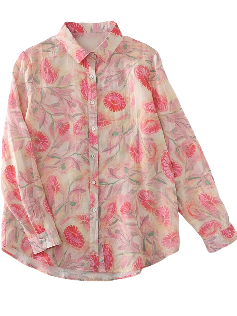 Women’s Cotton Floral Button Down Shirt – Lightweight Long Sleeve Casual Blouse, Collared Top with Pink Flower Print-image-42
