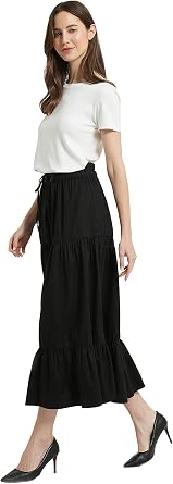 Tronjori Womens A Line Long Midi Denim Skirt Tired Layers with Drawstring | High Waist Skirt ,Elastic Waistband,Front DrawstringSuitable for Spring Summer and Fall Seasons