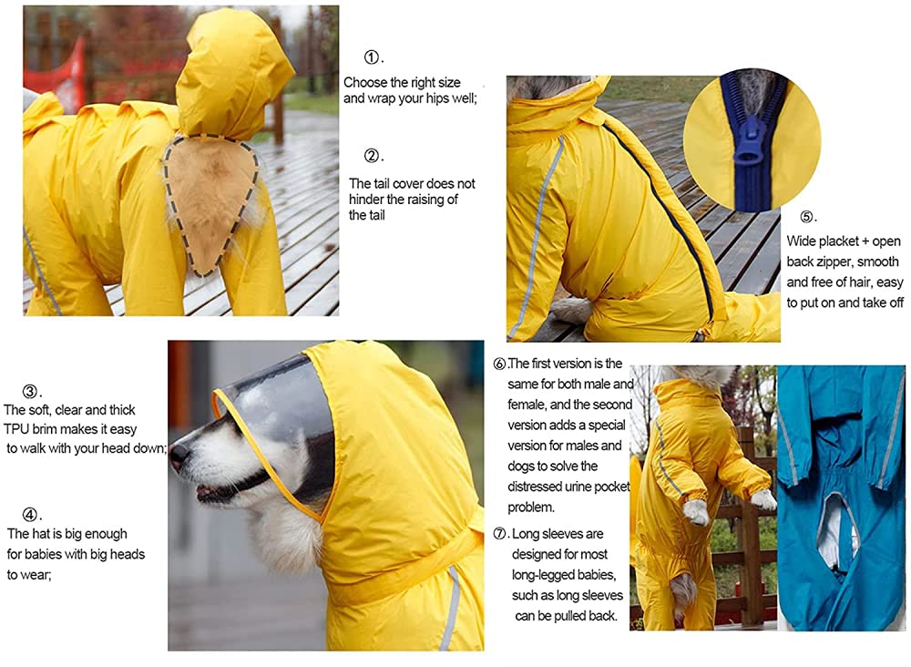 Siqi Pet Supplies Protezione Completa della Pancia a Quattro Zampe Copertura Impermeabile per Cani di Grossa Taglia Coda Impermeabile Poncho per Cani di Taglia Media e Grande-Yellow Bitch||11XL