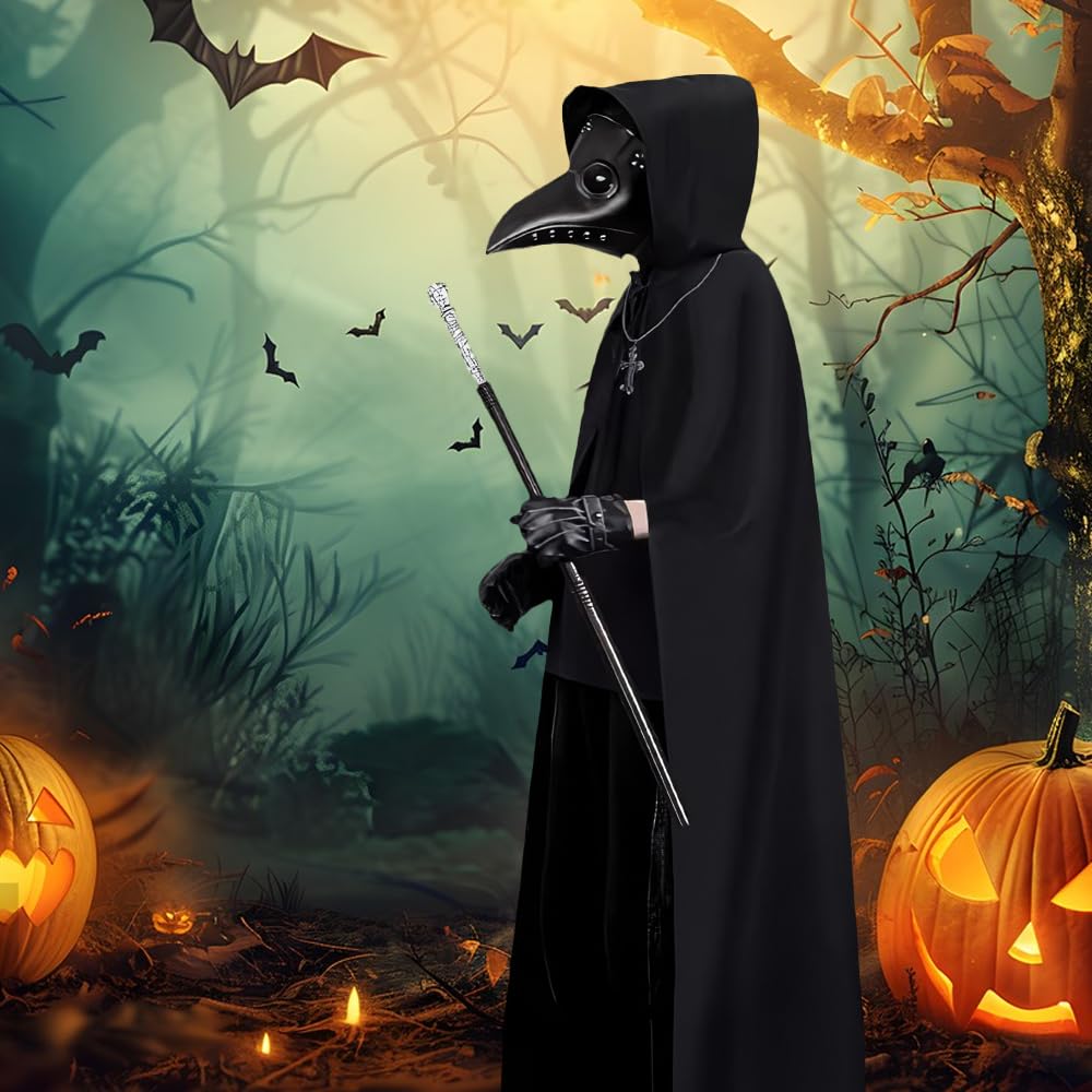 Medico Della Peste Costume, Halloween Plague Doctor Costume con maschera medico della peste,Scettro,Guanti,Collana,Croce Mantello,Costume Medico Della Peste Uomo,Costume Halloween per Adulto