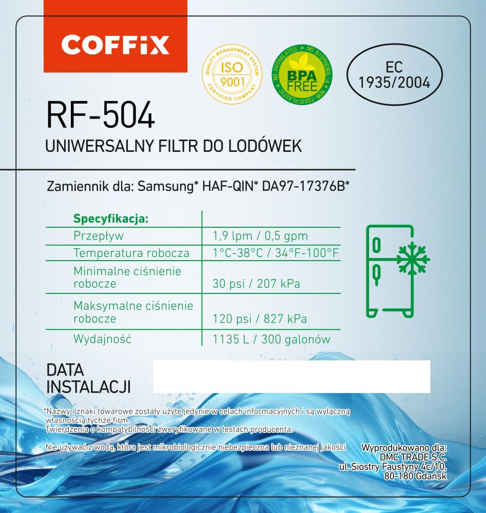 COFFIX Filtr do lodówki Samsung - Zamiennik filtra HAF-QIN - Oczyszcza wodę i chroni przed kamieniem