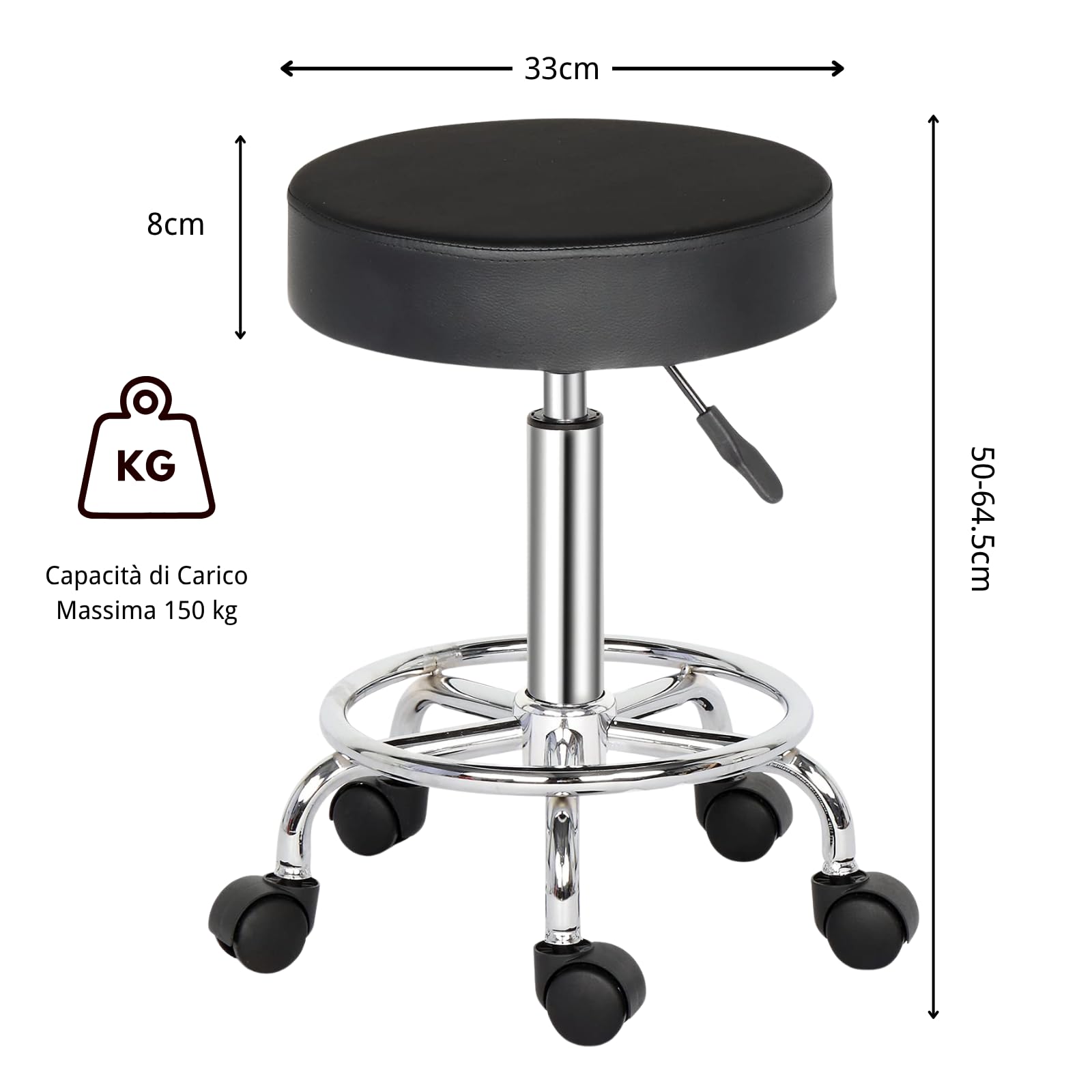 Sgabello con Ruote Regolabile in Altezza in Pelle PU, Sedia da Lavoro Imbottita con Cuscino in Pelle 8cm, per Bar, Casa, Parrucchiere,Ufficio (1, Nero)