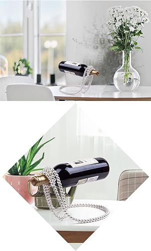 Miniatura 5 de (Blanco) Collar de perlas artificiales flotante estante de vino, soporte de botella de vino de metal, soporte de botella de vino para bar y