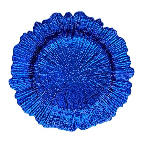 Henilosson 13 Blue Gold Charger Plates,Round Plastic Reef Plate Chargers for Dinner Plates,Wedding,Party Elegant Decoration Place mats (12, blue) Cover