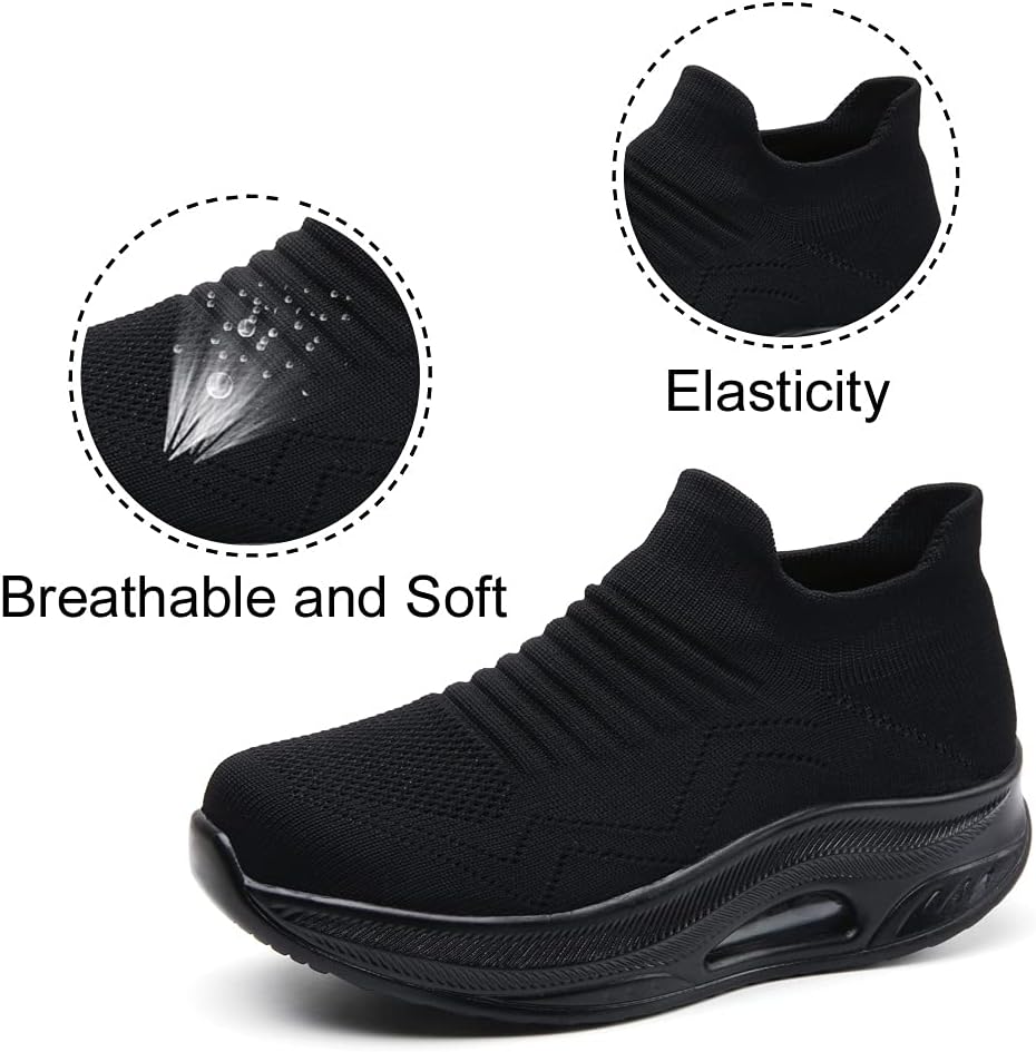 Walking Shoes for Women Tennis Air Cushion Slip Resistant Arch Support Work Shoes Comfortable Mesh Memory Foam Sock Slip On Sneakers All Black US 5.5