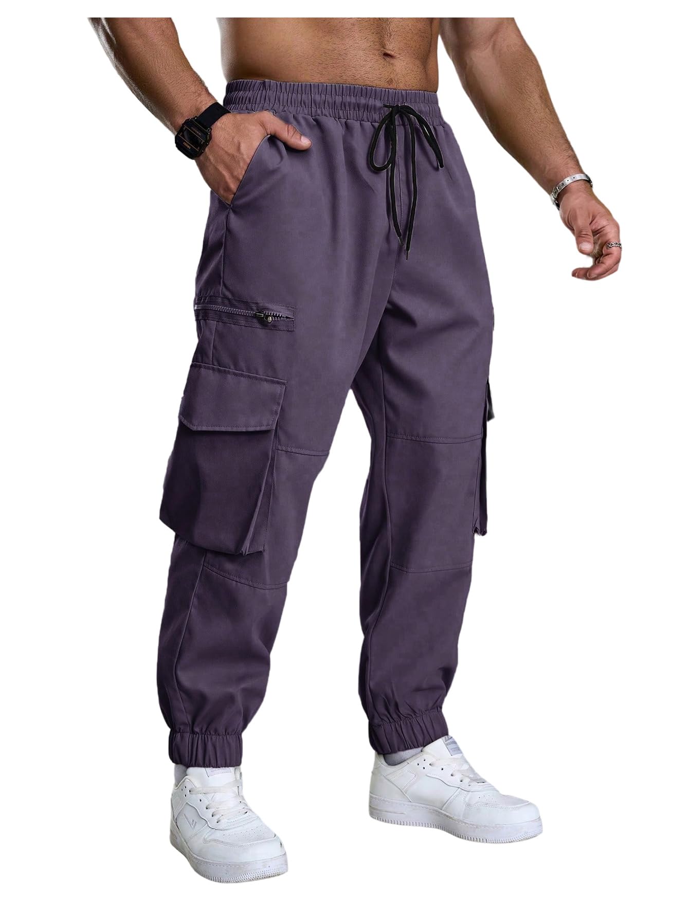 OYOANGLE Mens Plus Size Baggy Cargo Pants Drawstring Waist Hiking Trousers Flap Pocket Street Joggers