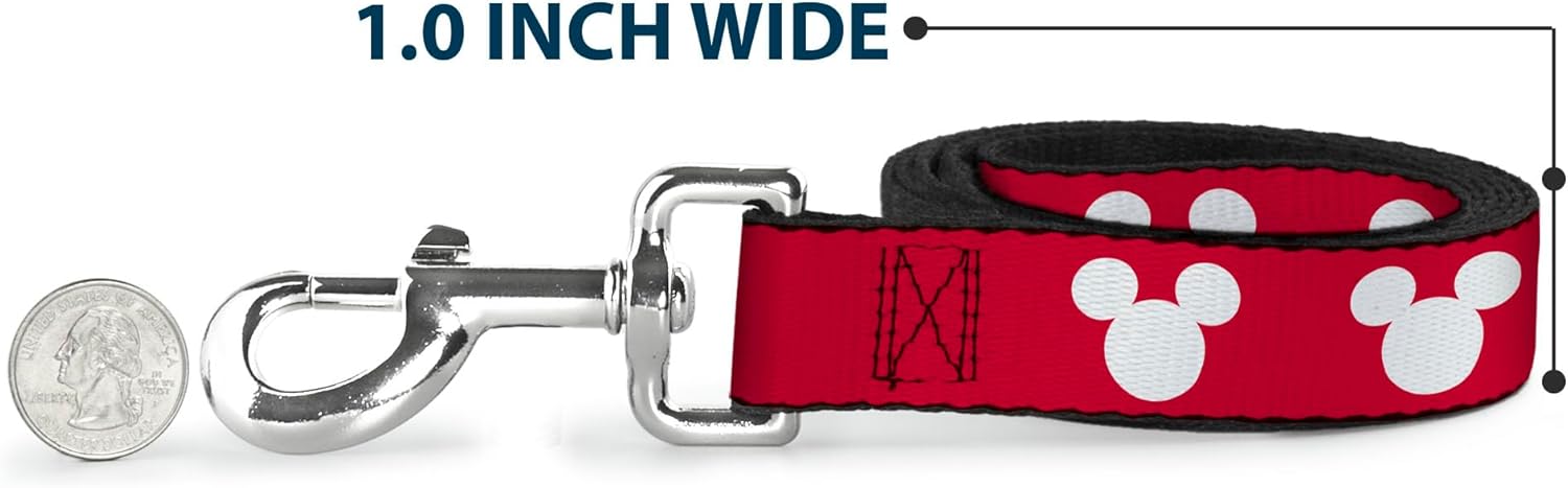 ディズニーペットリーシュ、犬用リーシュ、ミッキーマウスの耳のアイコンレッドホワイト、長さ6フィート、幅1.5インチ。