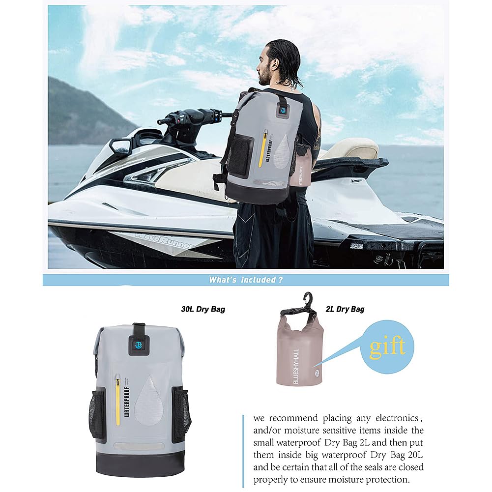 Sac à dos étanche de 30 L pour la natation, la pêche, le surf, le rafting, le bateau, le kayak, le canoë, livré avec un petit sac étanche de 2 L