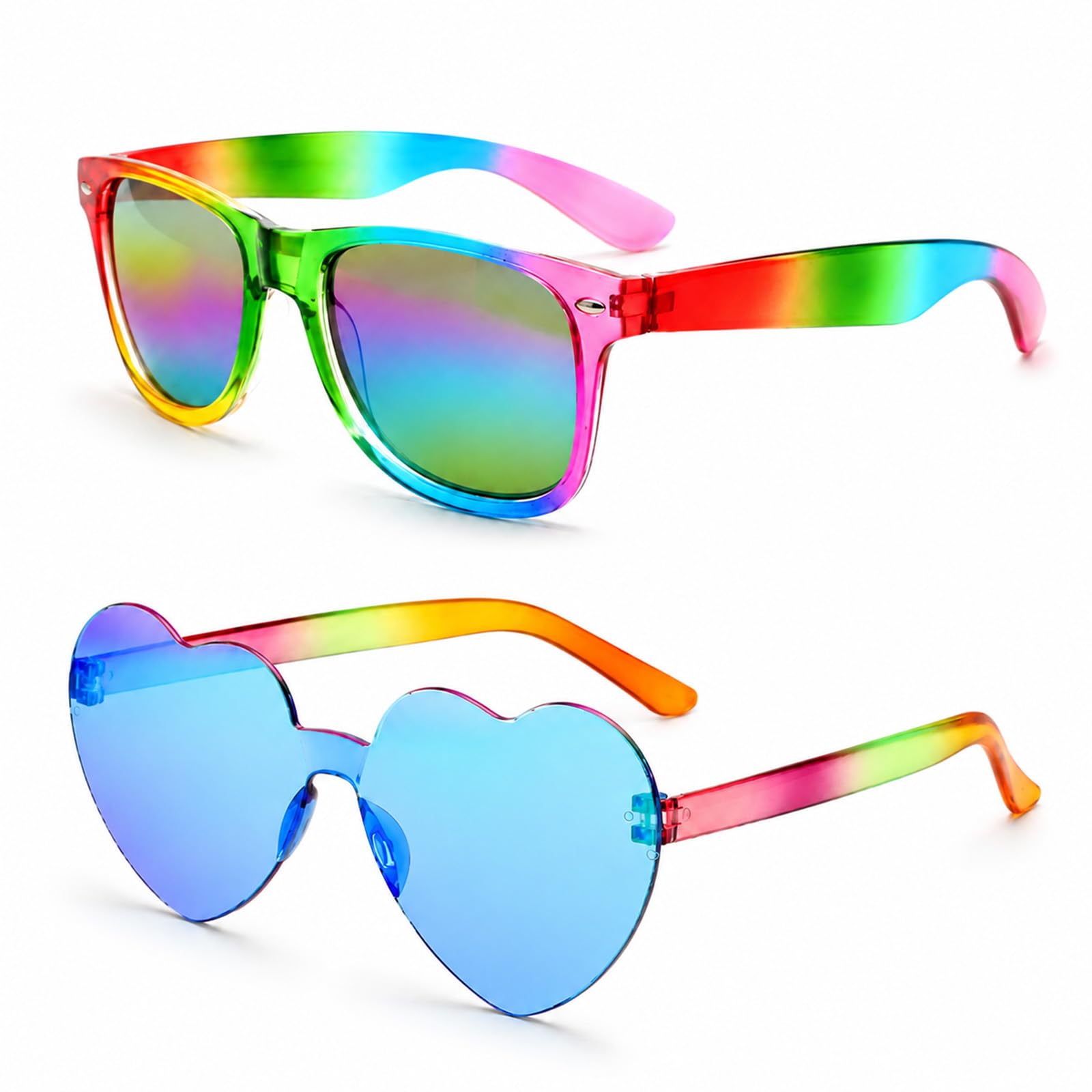 Taydin 2 Pack 80s Glasses Rainbow Sunglasses Set, Rainbow Retro Sunglasses & Heart Shaped Rimless Sunglasses, Novelty Party Glasses for Women Men, Festival 90s Funky LGBTQ Pride Rave Accessories