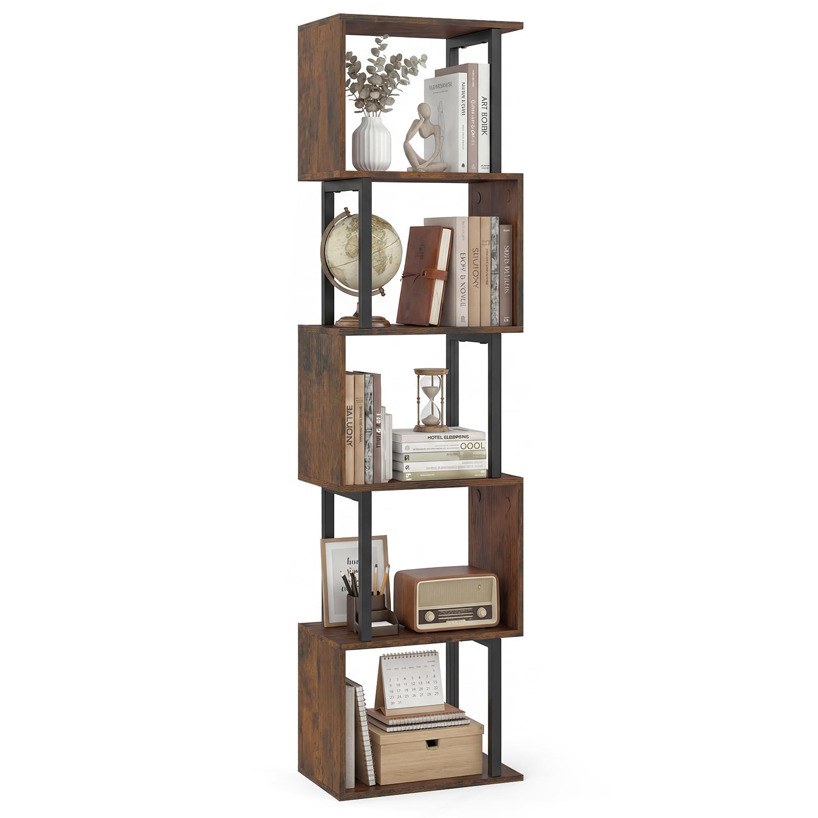 COSTWAY Libreria a 5 Livelli in Legno, Scaffale Espositore Geometrico con Struttura in Metallo, Mobile Portaoggetti Salvaspazio per Camera da Letto Soggiorno Ufficio, 38x23x147 cm (Marrone Rustico)