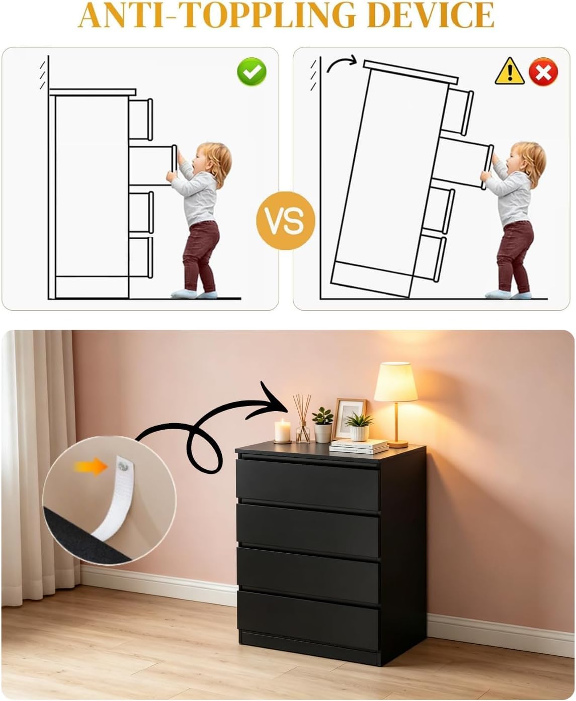 LEADZM Kommode Schlafzimmer Kommode mit 4 Schubladen, Schwarz