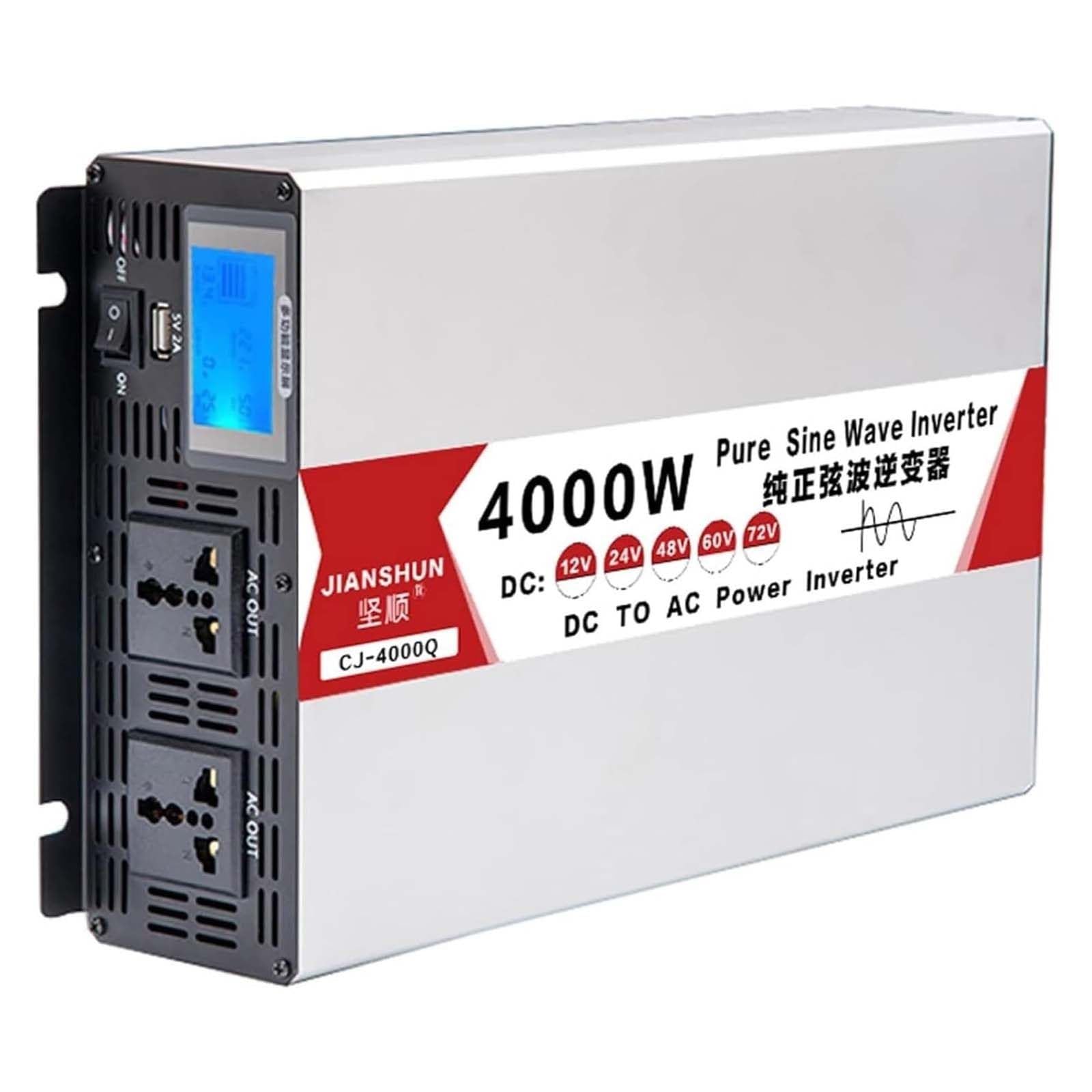 Przetwornica czystego sinusa 2000W (szczyt 4000W), 12V/24V/48V/60V DC na 120V/240V AC, z wyświetlaczem LCD i podwójnym gniazdem AC, cicha praca 48V
