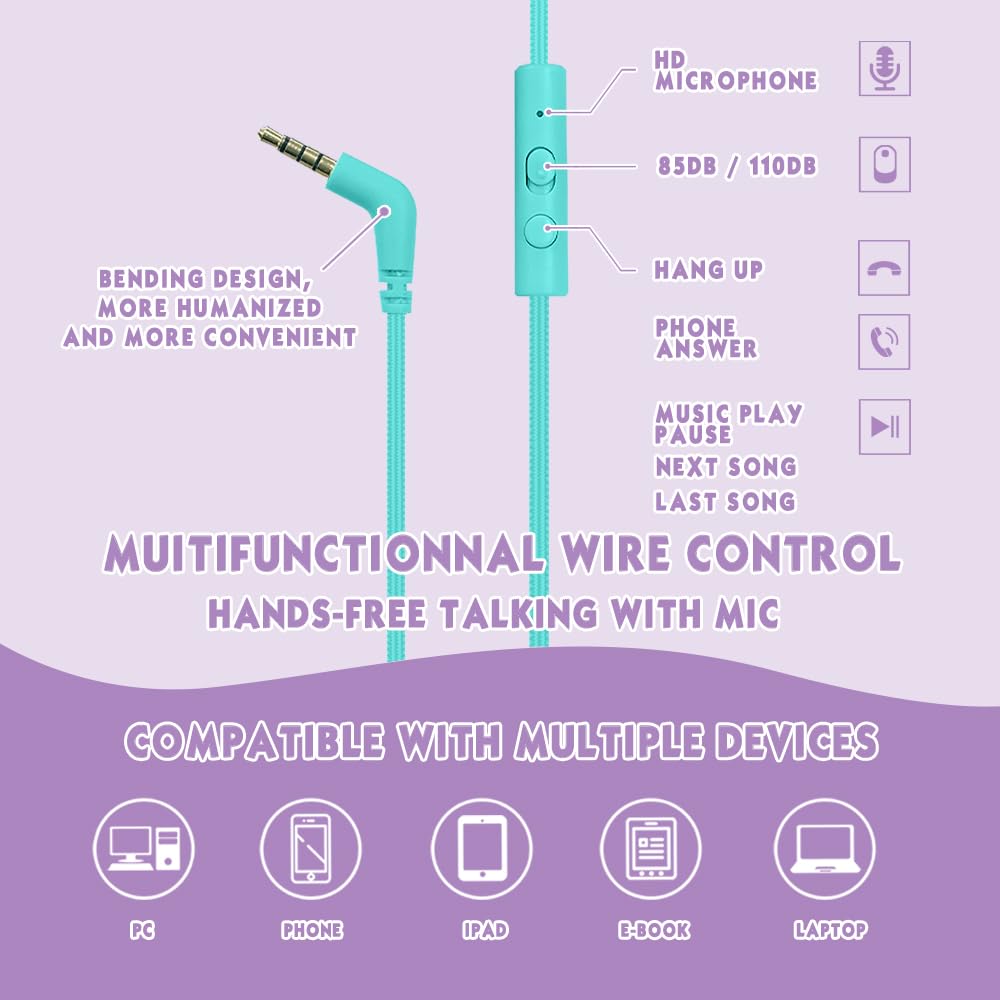 Mokata Auriculares para niños, volumen limitado, 85/96 dB, con cable, plegables, con cable en línea, cable auxiliar de 3,5 mm, micrófono para niño, niña, escuela, PC, portátil, tablet, color morado