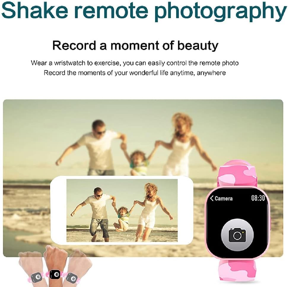 EBAKIN H99 Smart Watch being used to remotely control a smartphone camera to take a family photo.