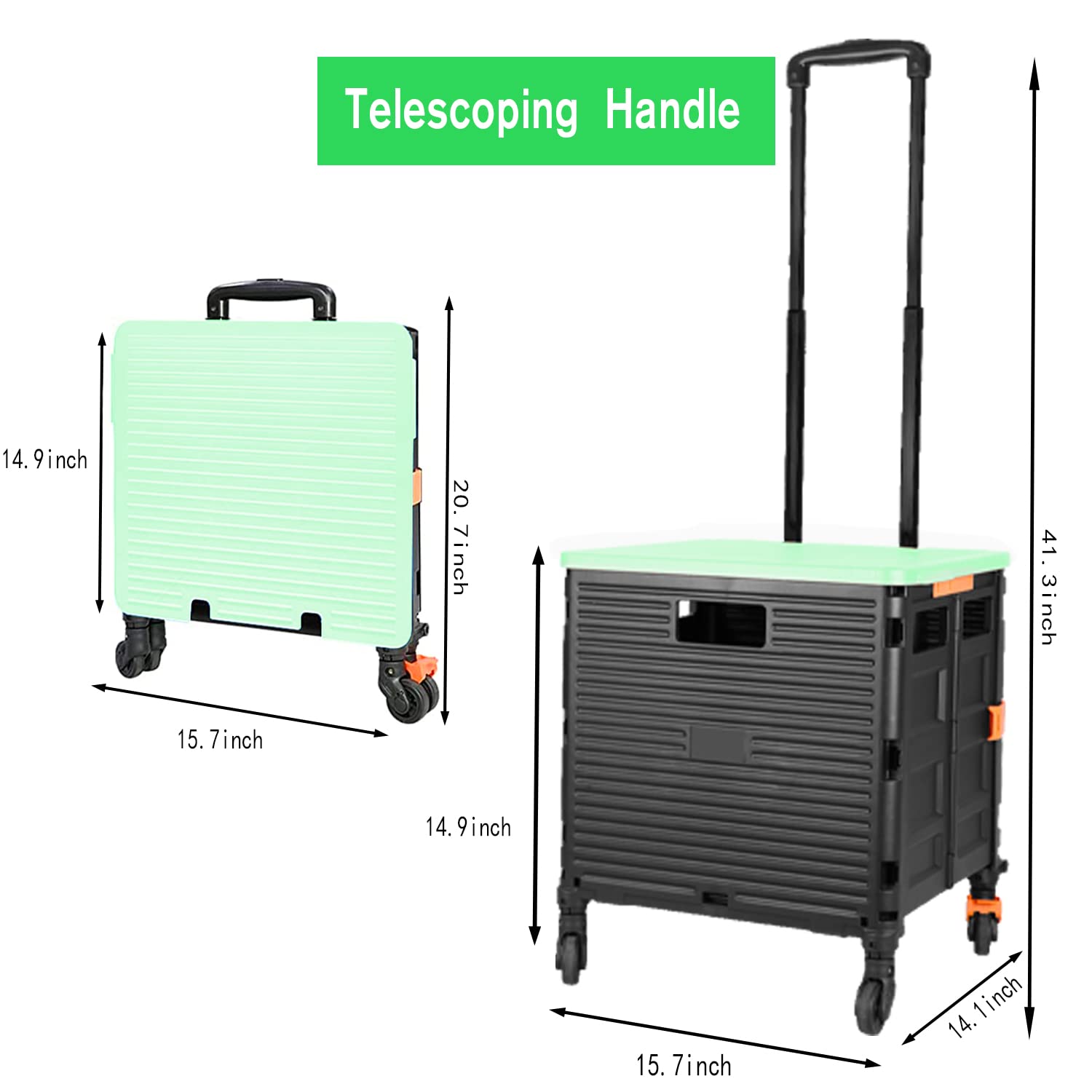 Wózek zakupowy, składany wózek transportowy, koszyk, wózek z pokrywką, składany wózek zakupowy, 50 kg, uchwyt teleskopowy, uchwyt rozszerzalny, zielony