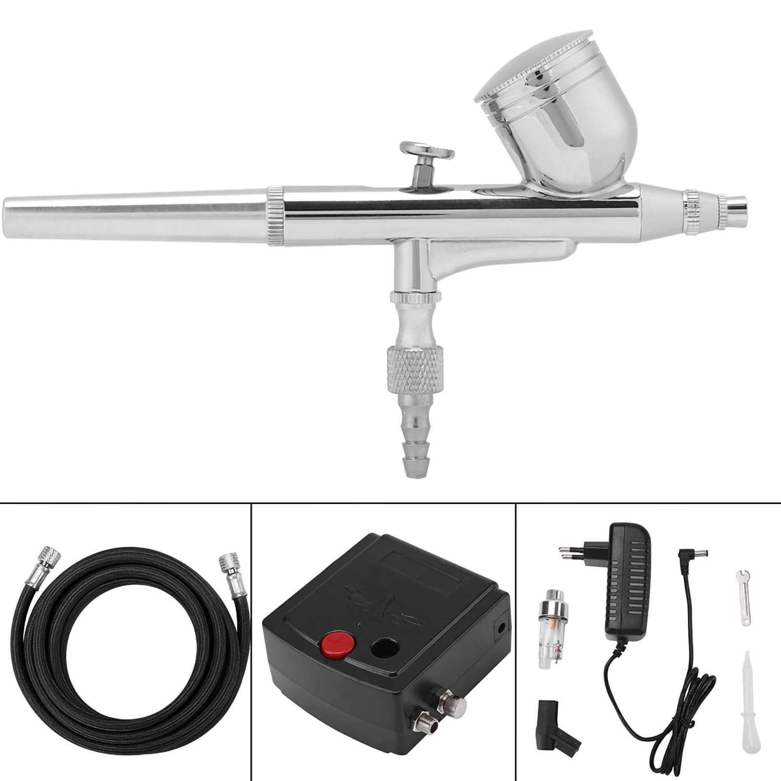 Kit Airbrush 0.2mm 7cc Double Action Airbrush Compressor Kit complet Pistolet à peinture Air Brush avec Filtre d'humidité pour le Maquillage Nail Art Peinture Tattoo Decoration(EU Plug 110-240V)