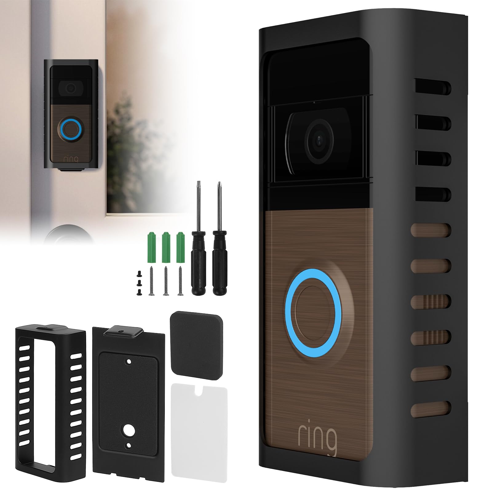 USUAUU No Drill Doorbell Mount for Ring Video Doorbell 2/3/4/Pro (2024 Release), Adhesive Mouting Bracket Door Bell Holder for Apartment Security