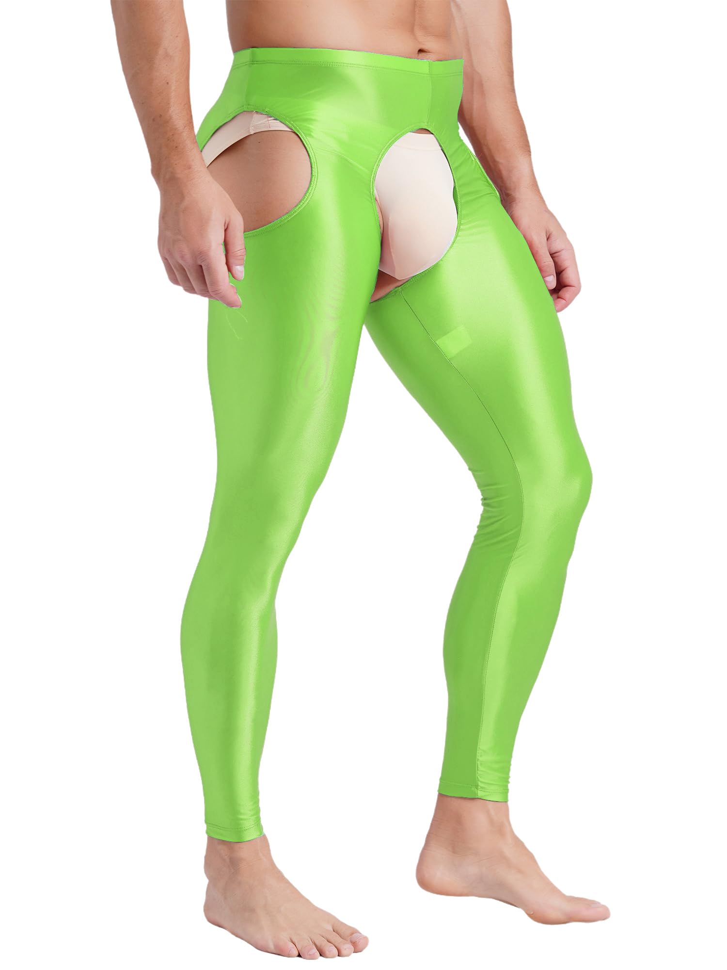 Vxuxlje Men's Oil Shiny Open Crotch Leggings High Waist Cut Out Leggings Compression Pants: Large Fluorescent Green