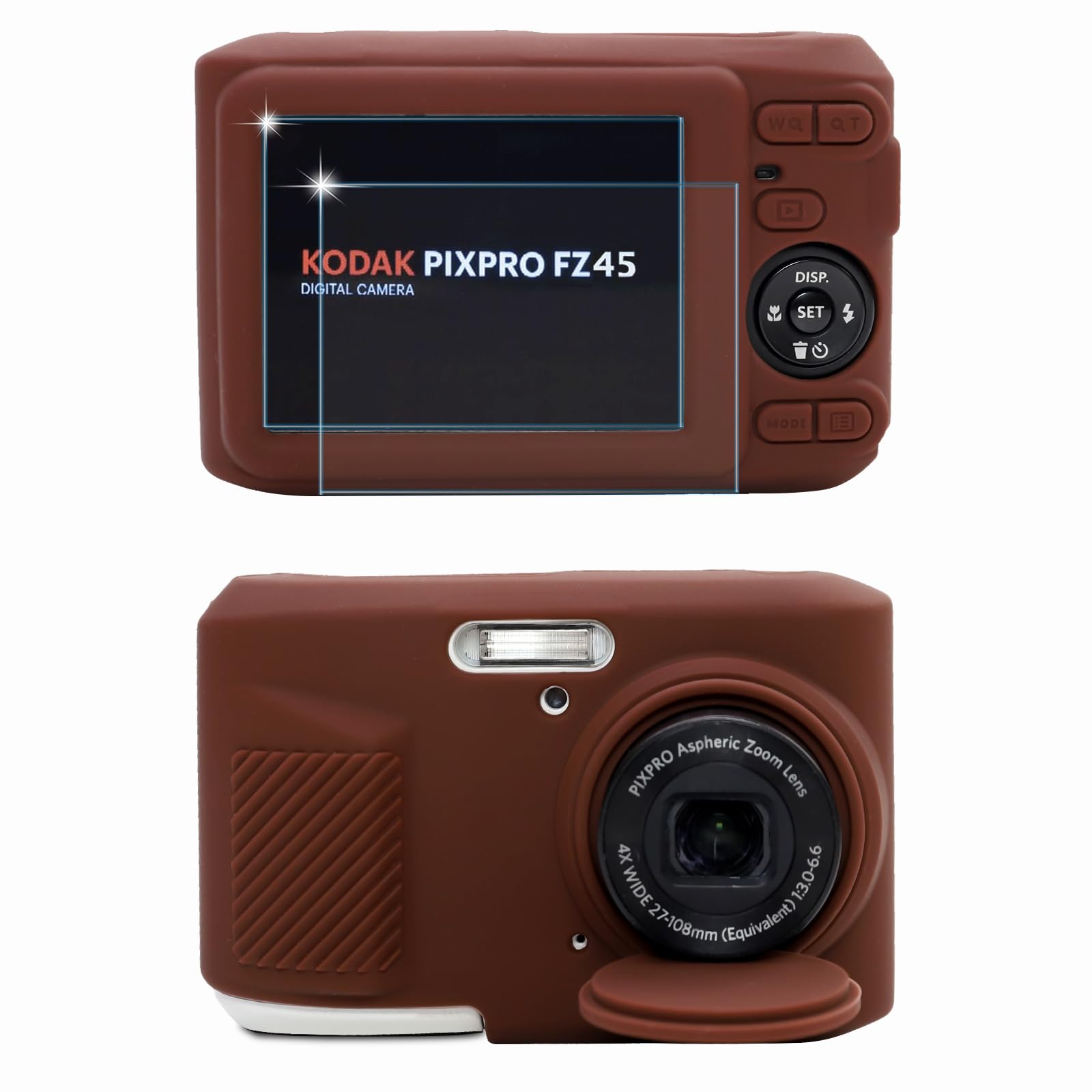 case for kodak pixpro fz45 digital camera accessories, soft silicone protective case, slim fit sleeve with removable lens cover and screen protector, lightweight, anti-scratch (brown)