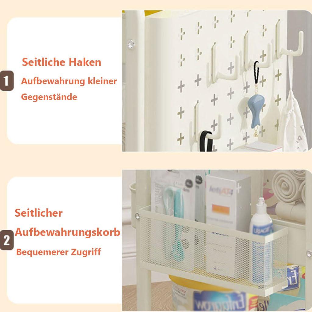 Servierwagen Mit Rollen Und Haken, 3-Tier Bastelwagen Für Küche, Multifunktionaler Rollwagen Schmal Für Haushaltsartikel Lebensmittel Und Bürozubehör,Beige