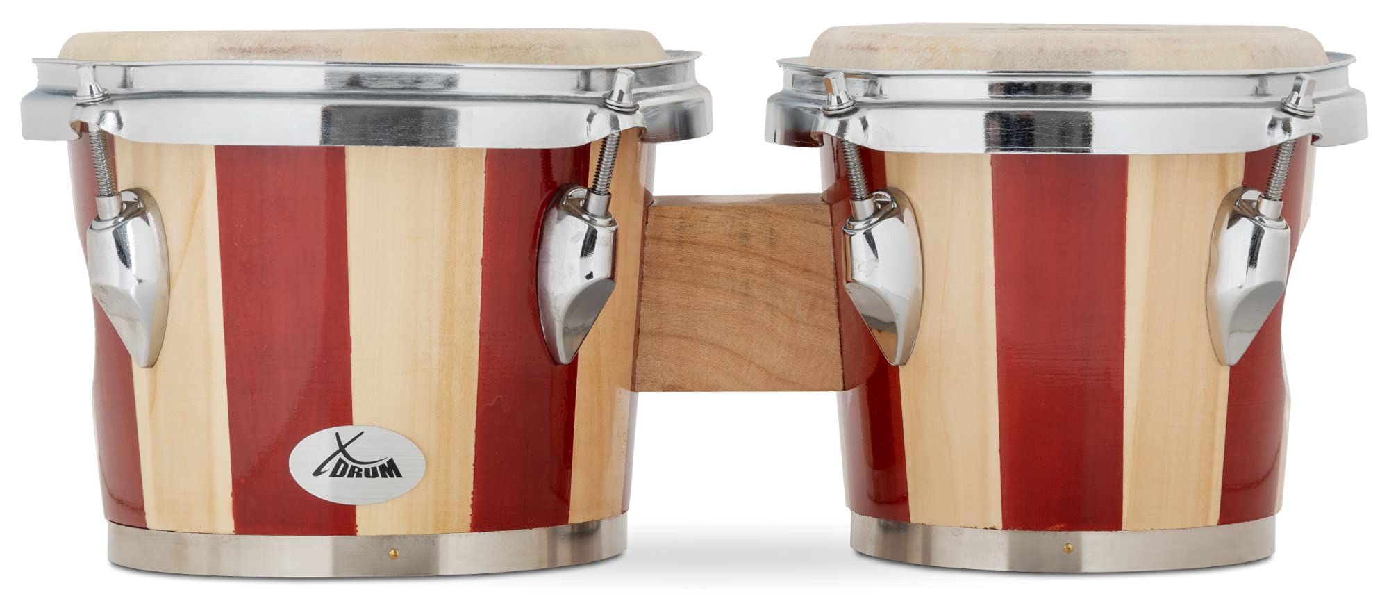 XDrum Bongós Retro: 2 tambores de 16,5 cm y 19 cm con parches naturales afinables, llave de afinación y bolsa. Tambores de madera natural con franjas rojas.