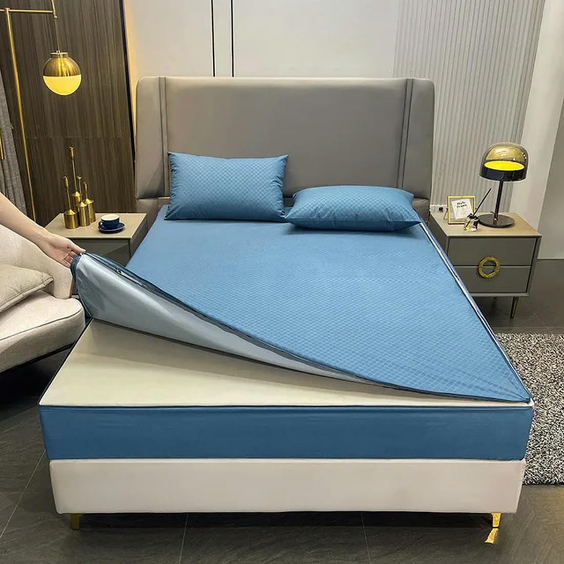 Funda de colchón Impermeable de Seis Lados, Todo Incluido con Cremallera, Sábana Ajustable extraíble, Protector de colchón Antideslizante