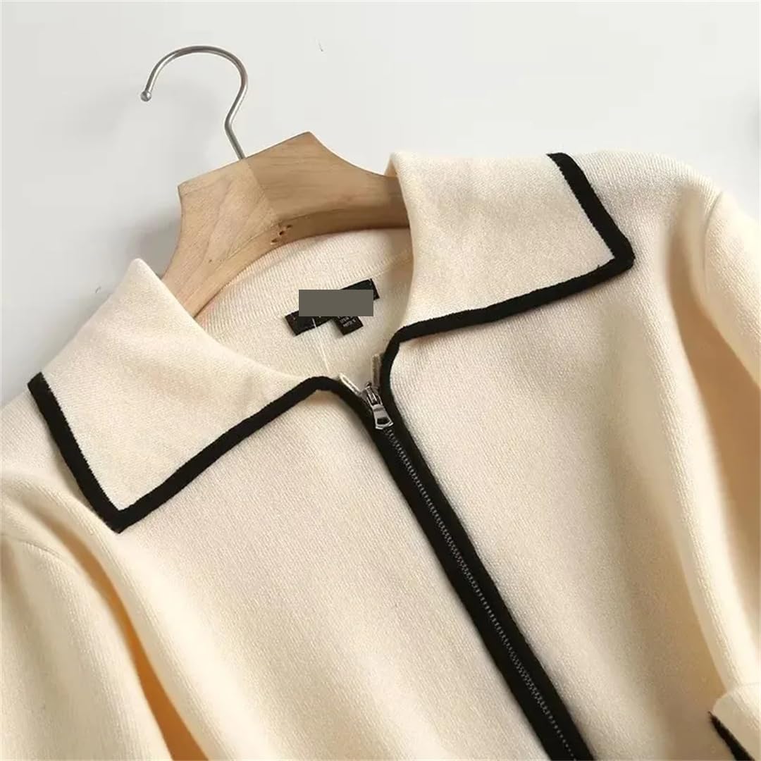 Disimlarl Cárdigan corto con solapa y costuras de color en contraste para mujer, con bolsillo con cremallera, chaqueta de punto casual chic