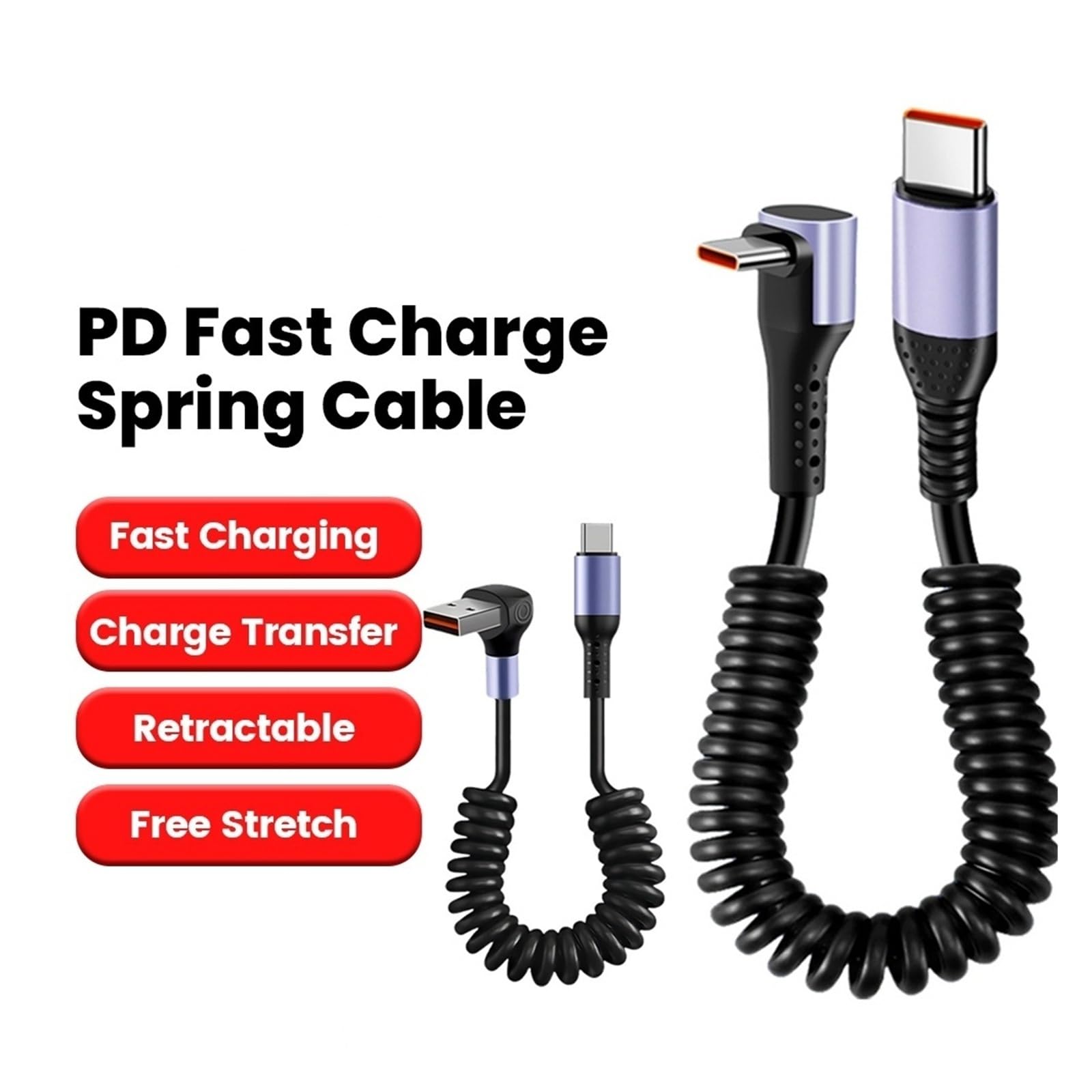 Cable USB C codo de coche 6A 66W carga rápida tipo C para iPhone y Samsung | Codo C a C