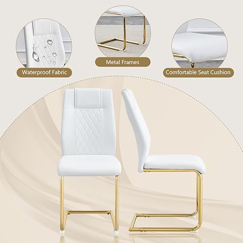 Miniatura 6 de Juego de mesa de comedor moderna de 55 pulgadas para 4, mesa de comedor blanca y marco de metal dorado, mesa de comedor rectangular con 4 sillas de