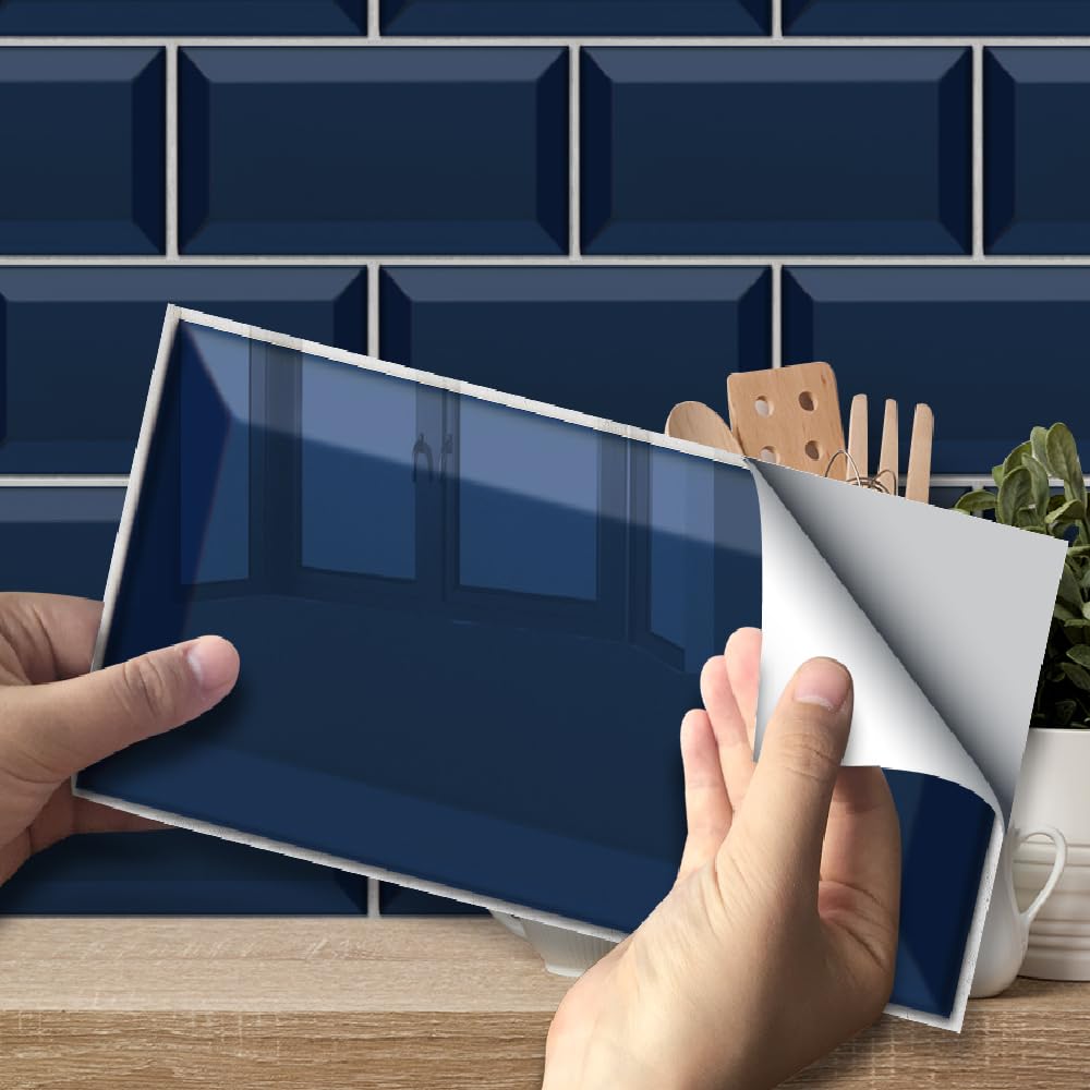 neukids 27PCS Navy Kitchen Tile Stickers, Metro Tile Blue backsplash Tiles self Adhesive, Stick on Tiles for Bathroom Living Room Kitchen Laundry RV Splashback