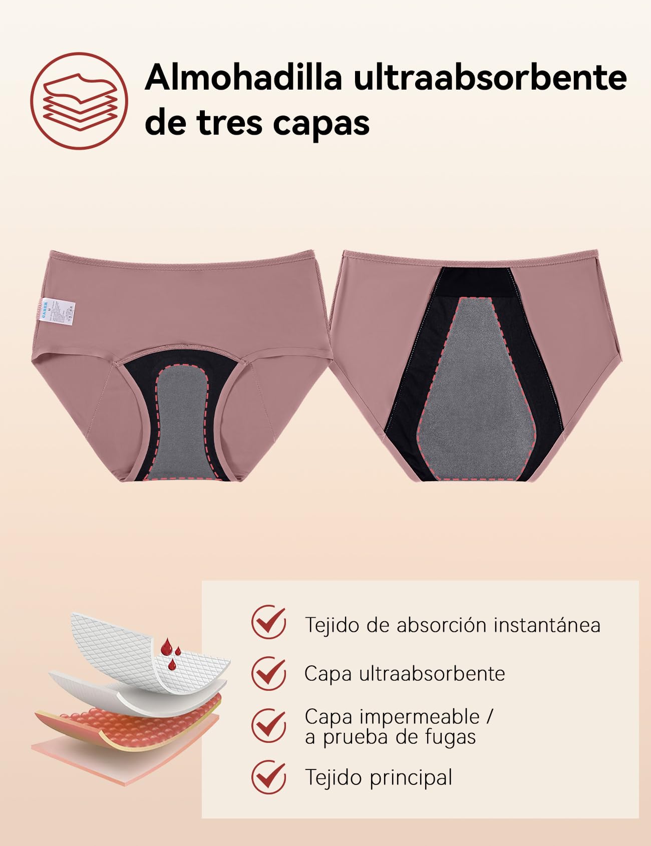 Carer Pack de 3 Braguitas de Incontinencia para Mujer, Ropa Interior Menstrual Flujo Abundante Reutilizable con Almohadilla de 150 ml para Incontinencia Moderada y Uso Nocturno Menstruación