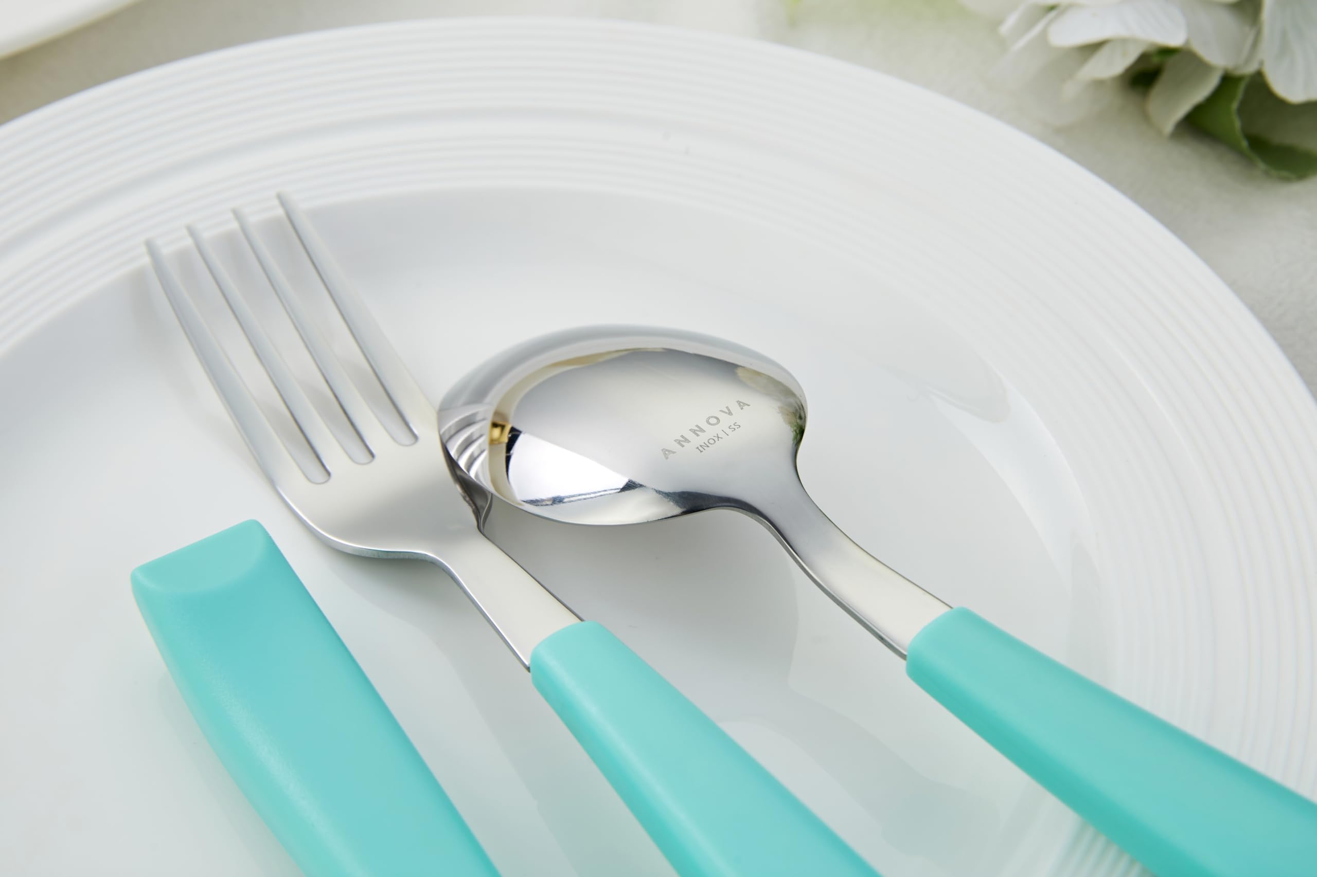 ANNOVA Set di posate, set di posate con manico colorato in acciaio inossidabile, include coltelli da tavola, forchette, cucchiai, forchette da insalata e cucchiai da dessert(20 Pieces, Turquoise)