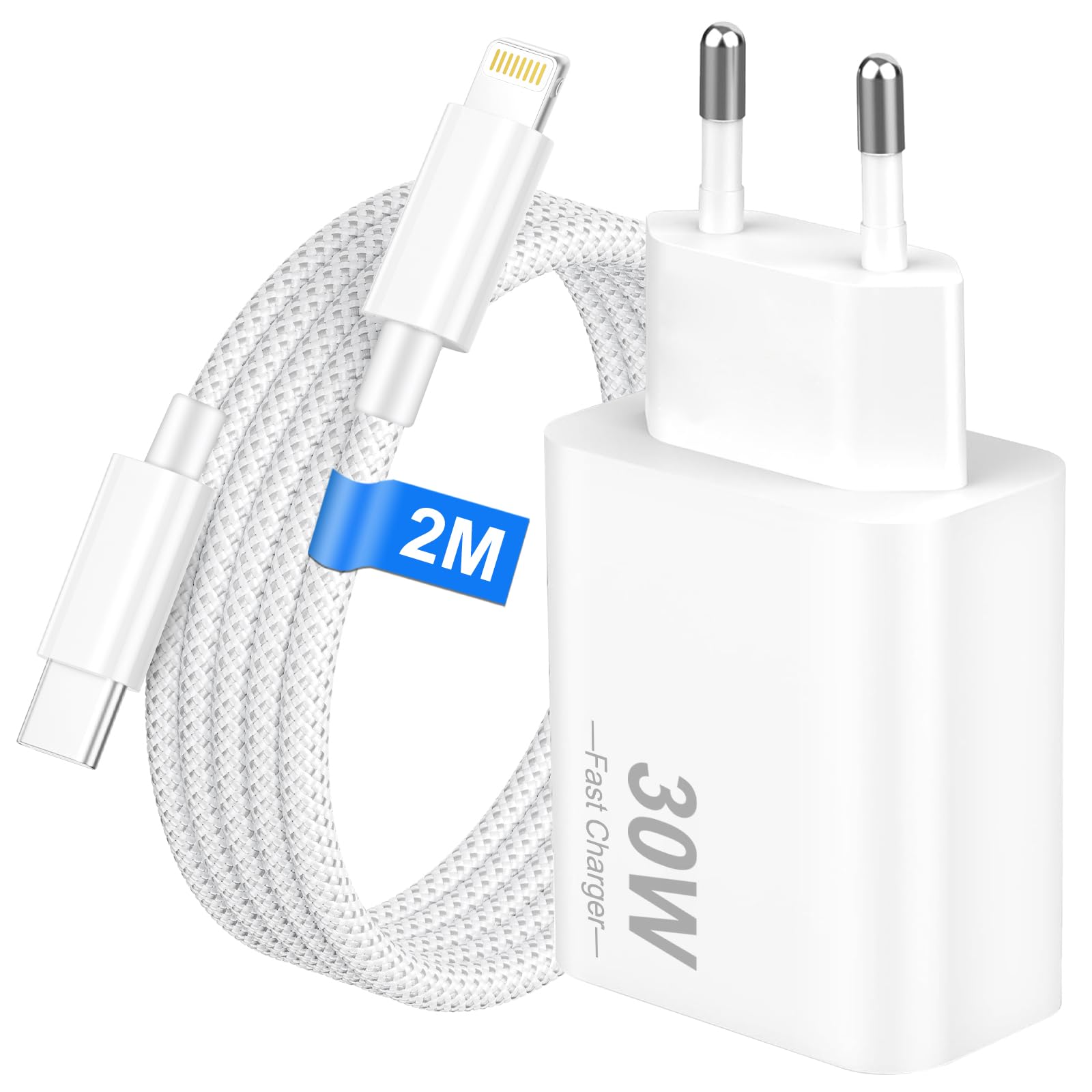 Szybka ładowarka 30 W z portem USB-C i nylonowym kablem o długości 2 m do iPhone'a 14 13 12 11,Pro Max i SE,wtyczka do szybkiego ładowania z kablem USB-C na Lightning o długości 2 metrów,kolor biały