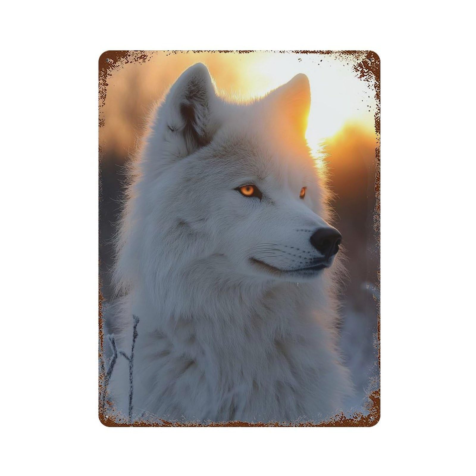 White Wolf Portrait at Sunset 15.7"x11.8" Weathered Tin Sign, Shabby Chic Decor for Farmhouse, Kitchen And Entryway Decor
