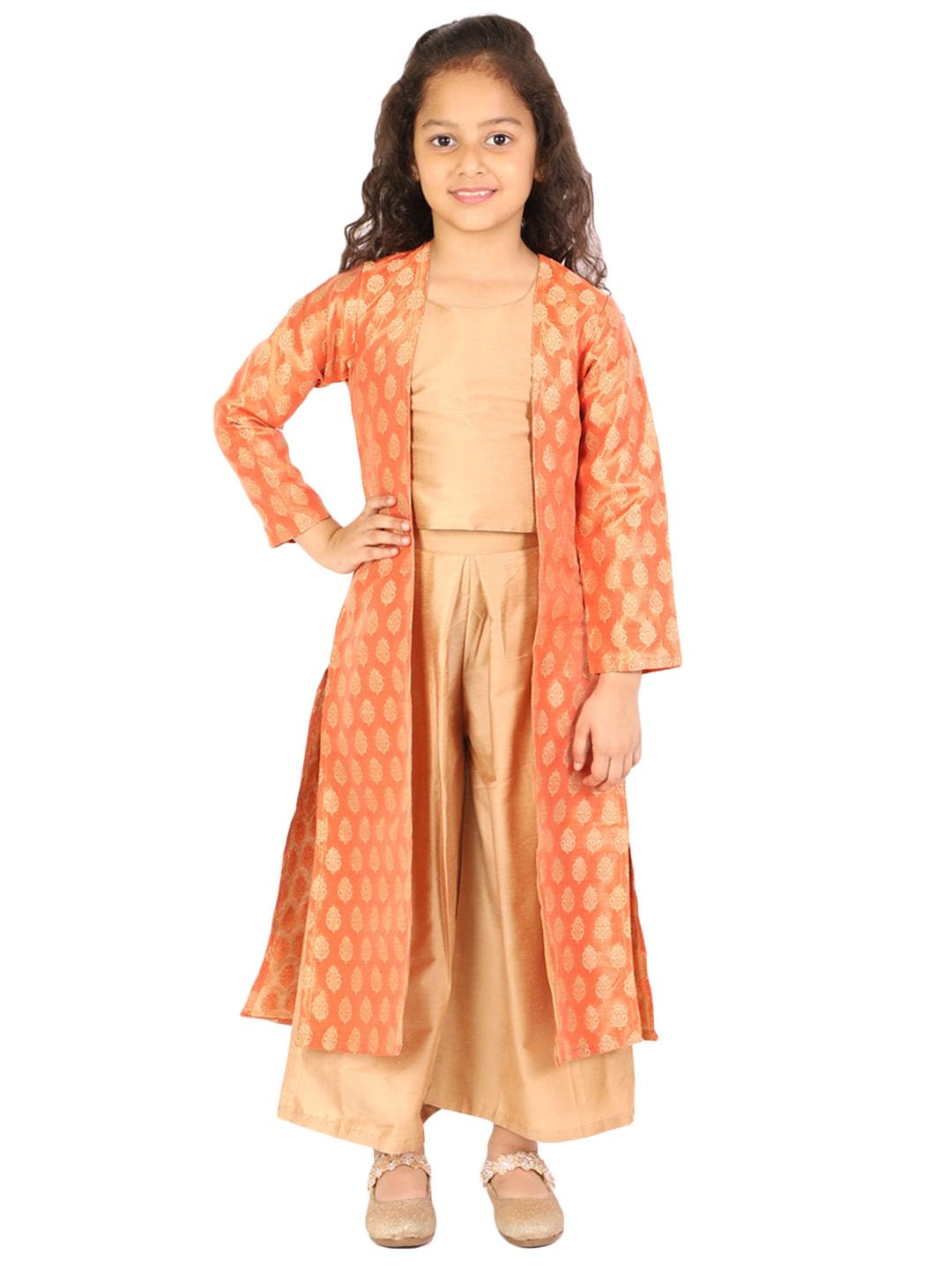 Jbn Creation Girls' Orange And Gold Brocade Cotton Silk Crop Top, Pallazo And Shrug Set