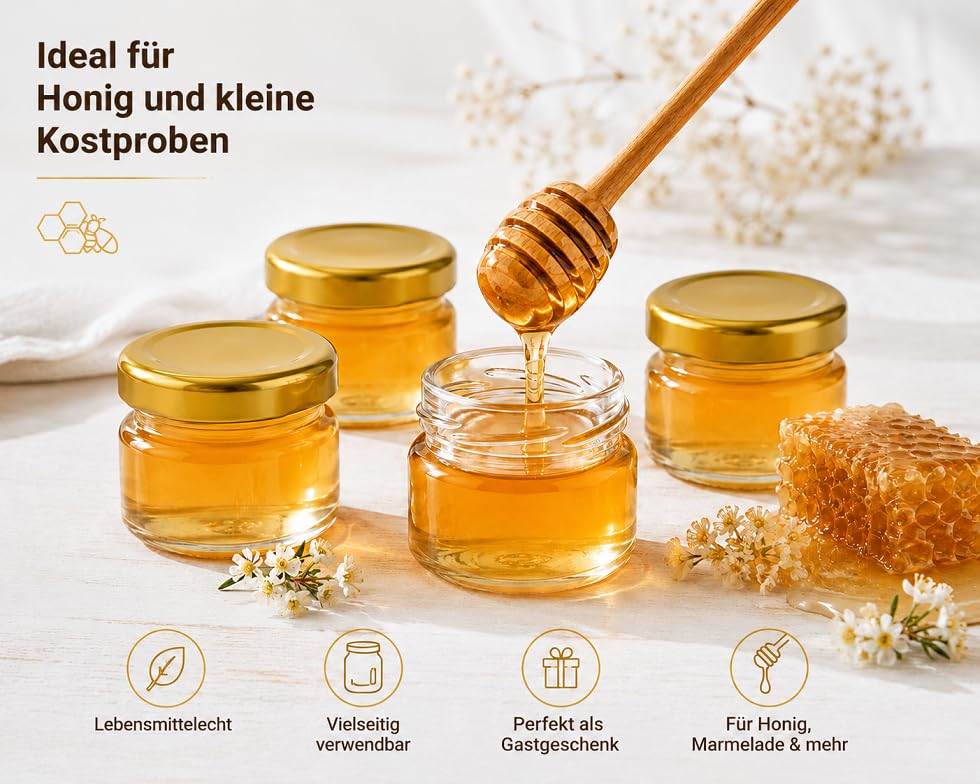 96 sztuk mini słoików 40 ml ze złotymi pokrywkami, małe słoiki na przetwory 46 x 43 mm, szklane pojemniki na dżem, miód, przyprawy, desery i prezenty dla gości