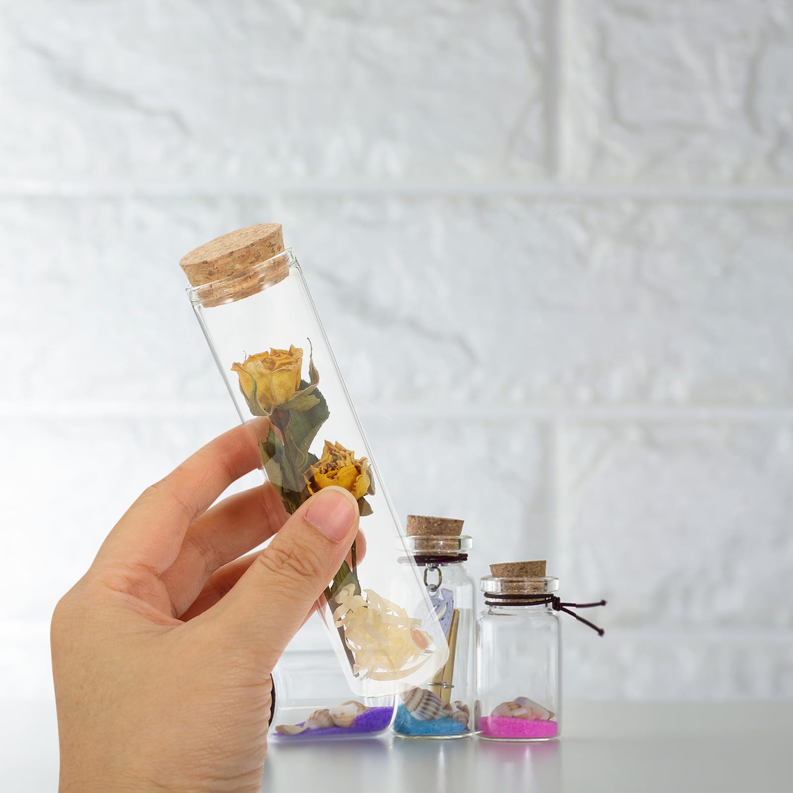 Bottiglie dei Desideri in Vetro Trasparente Tappo di Sughero e Fiori Secchi Rossi e Gialli, Set da 2 per Decorazioni Natalizie e Ufficio