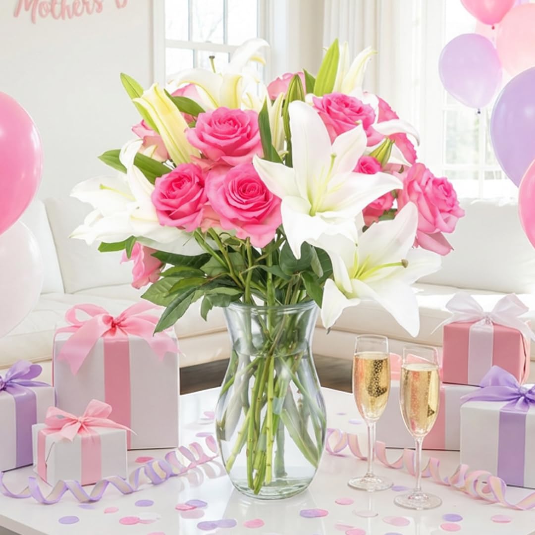 Benchmark Bouquets Roses rose clair et lys orientaux blancs, avec vase (fleurs fraîchement coupées)