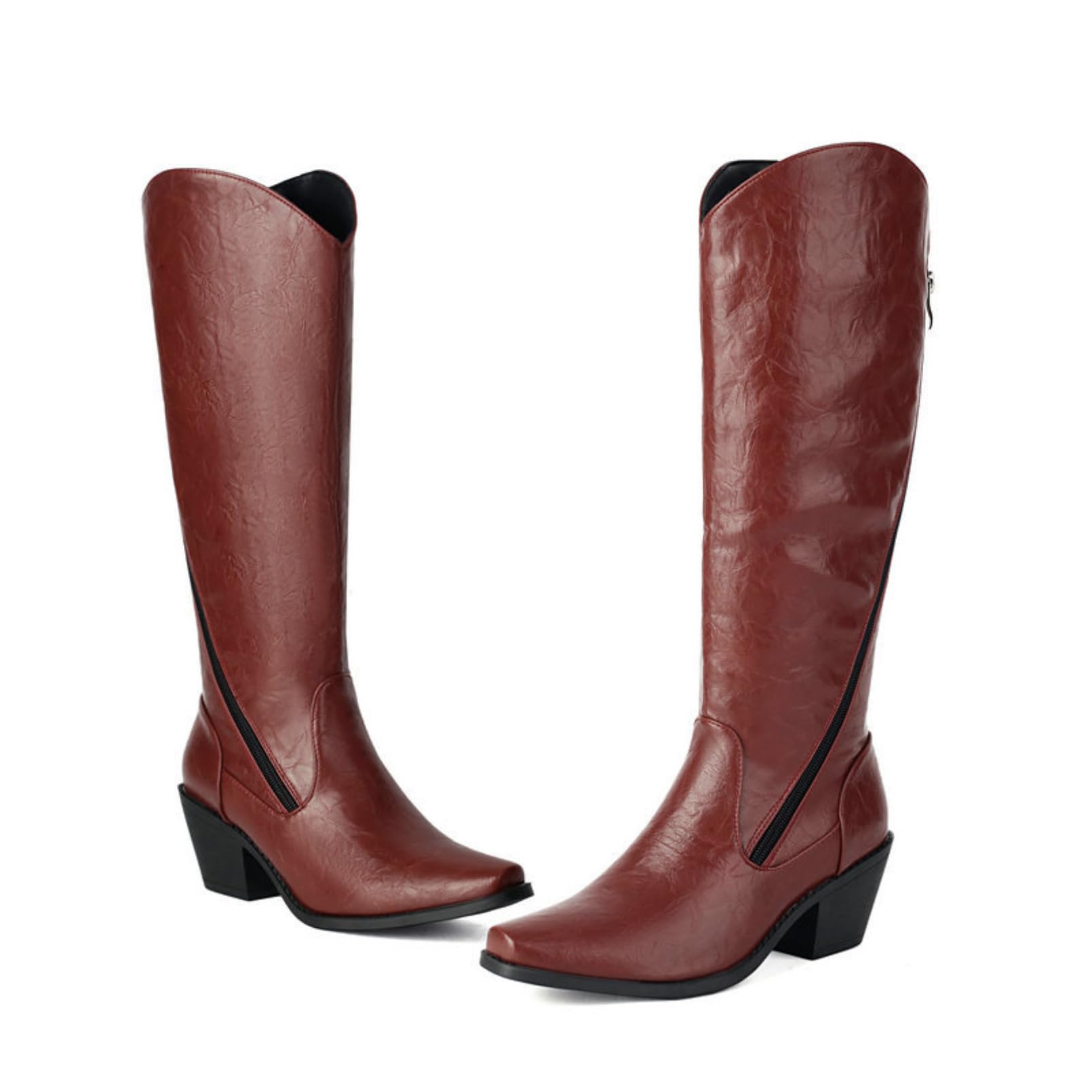 Mujer Botas Altas Punta Cuadrada Cremallera Tacones Anchos Botas Largas Elásticas Botas De Montar Invierno Calientes Simples Botas Cuero Impermeables Pantorrilla Ancha